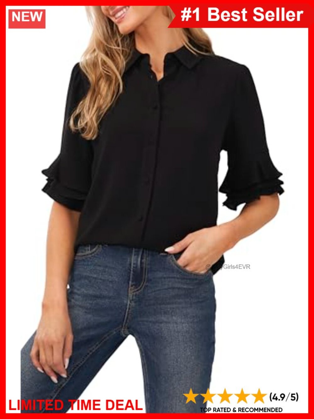 Collared Button-Up Blouse Ruffle Sleeve Office Casual